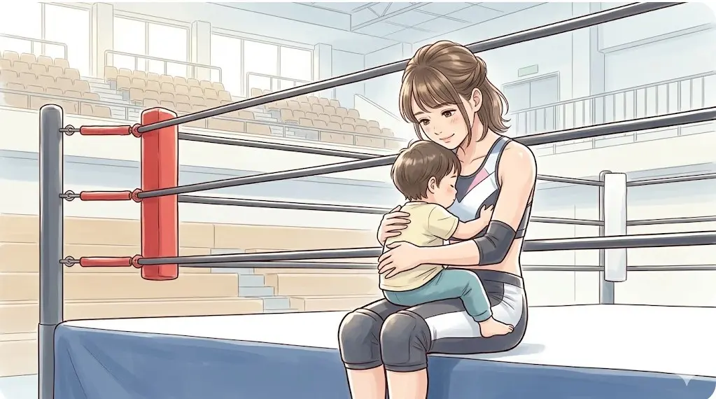 プロレスリングに座り子供を抱く女性。オスプレイの妻と子供をイメージ。