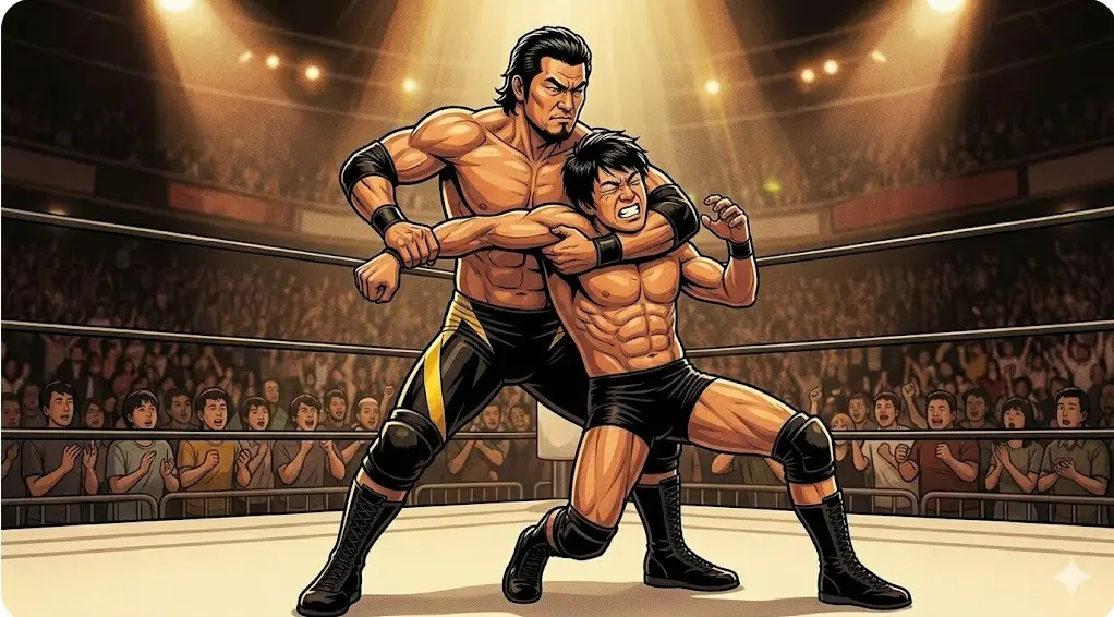 ツノのような髪型のプロレスラーが相手の腕と首を複雑に絡めて関節技を決めている様子