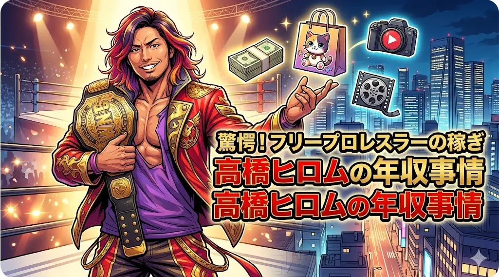 街とリングを背景にベルトを持ち、多様な収入源を指す高橋ヒロム選手のイラスト。フリーの稼ぎを表現。