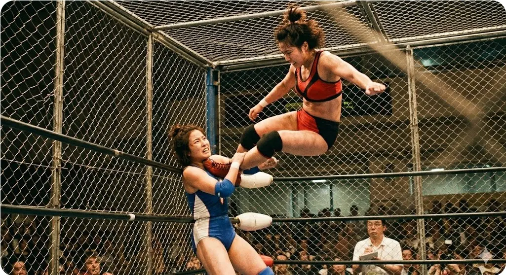 高くそびえ立つ金網の中で激しい空中技を繰り出し戦う女子プロレスラーの死闘