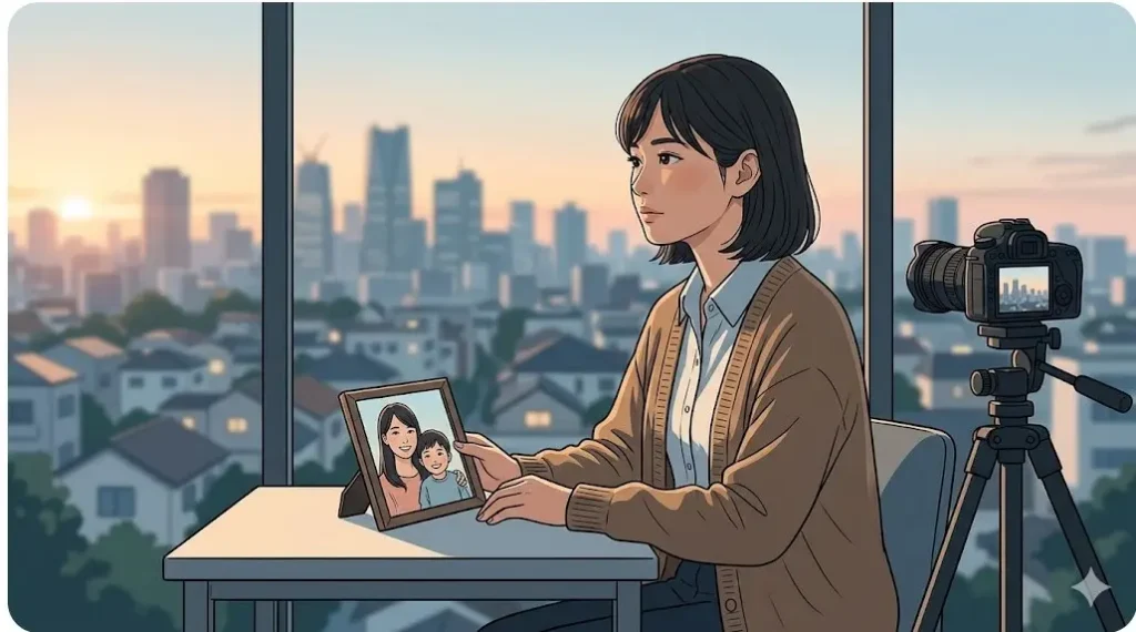 夕暮れの都会を背景にデスクで考える女性。背景にカメラ。ドミニオン欠場の決断をイメージ。