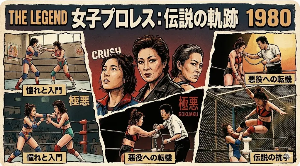 1980年代の女子プロレスアリーナを背景に、ダンプ松本とアジャコングの真の関係と全女の絆について解説するアイキャッチ画像。伝説を築いた「極悪」と「絆」：ダンプ＆アジャの真実への文字入り。