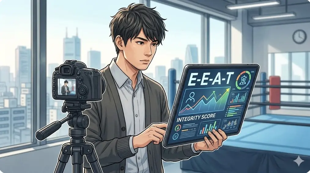 カメラを前にタブレットでE-E-A-TとINTEGRITY SCOREを分析する男性。記事の信頼性をイメージ。