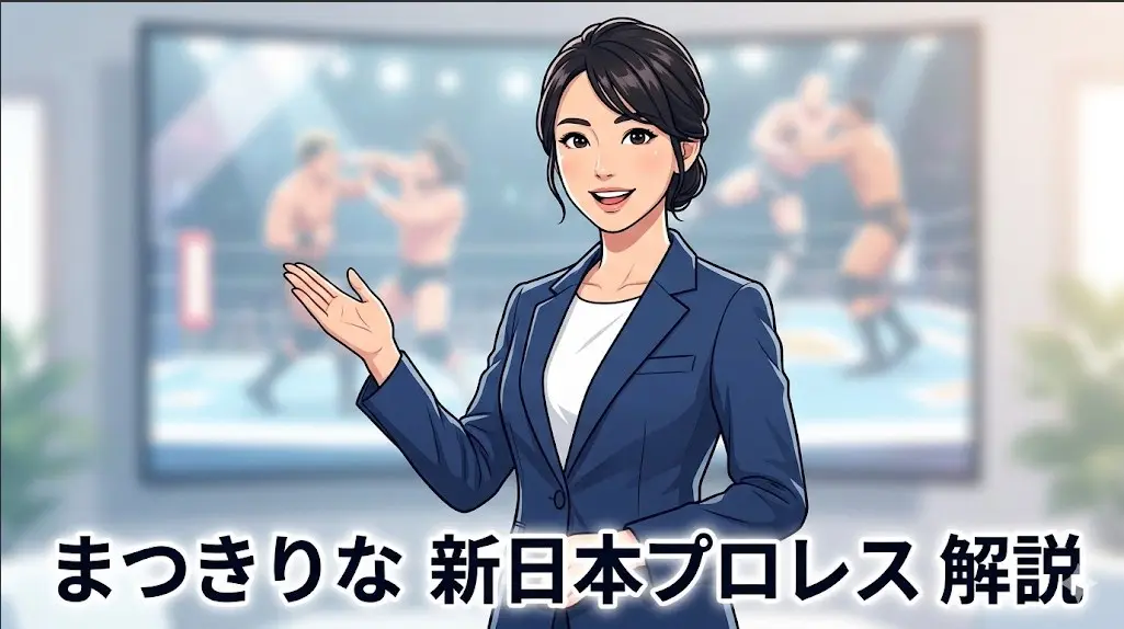 まつきりなさんが新日本プロレスの解説をしているイラスト。eyecatchを表現。 eyecatch