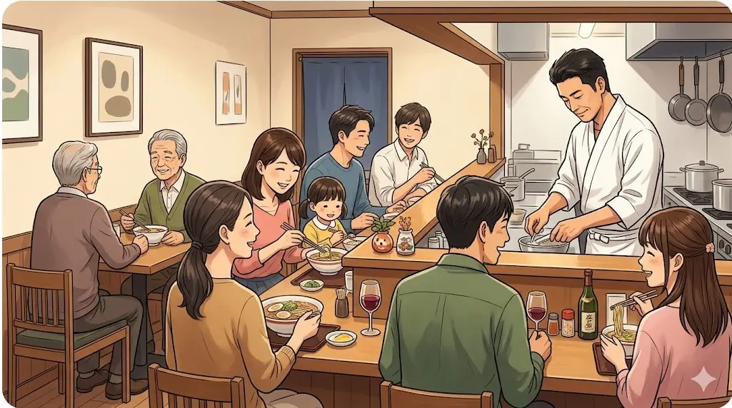 明るい店内で家族や友人と和やかにラーメンを楽しむお客さんたちと調理する店主