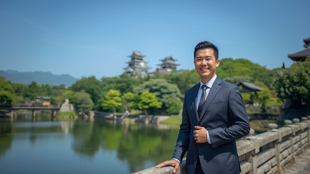 緑豊かなお城のお堀と石橋をバックに、スーツ姿で爽やかな笑顔を見せる日本の男性