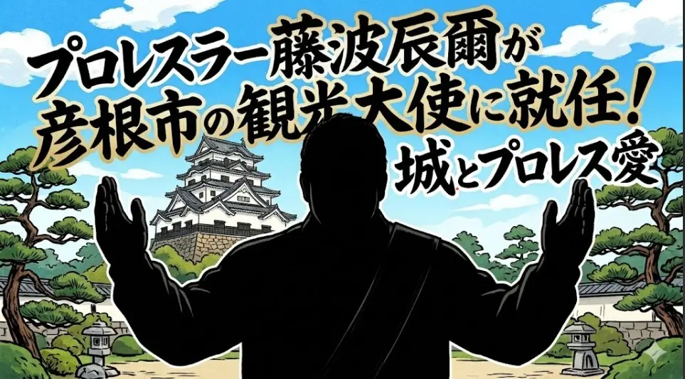 彦根城と松を背景に、観光大使のたすきをかけ笑顔で立つプロレスラー藤波辰爾のイラスト。