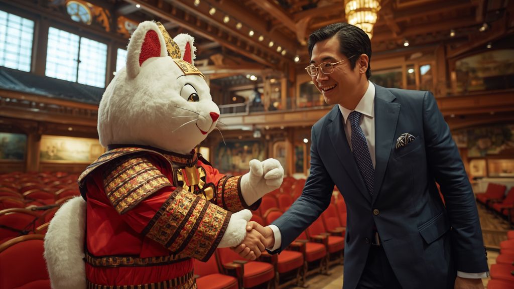 講堂のステージで白い猫のキャラクターと笑顔で握手を交わすスーツ姿の日本の男性
