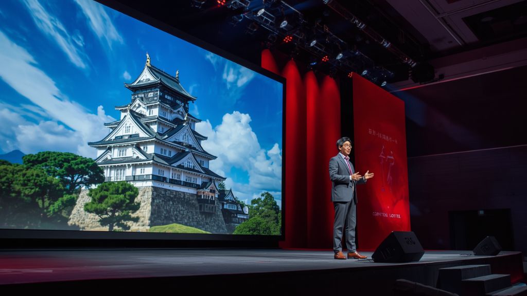 大きなスクリーンに映るお城の前で、身振りを交えて熱弁するスーツ姿の日本の男性