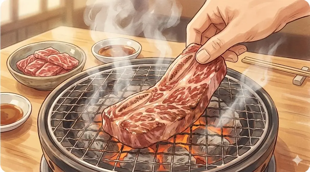 網の上でジューシーに焼かれる人気メニュー「元気カルビ」のイラスト