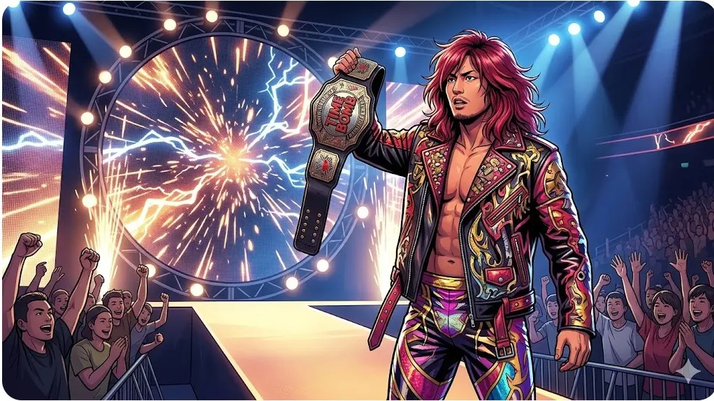 華やかな衣装でチャンピオンベルトを掲げる、赤髪の日本人プロレスラー。アリーナの観客席を背景に大型モニターが光り輝く。