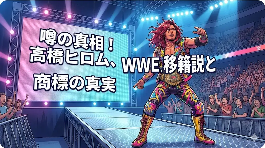 アリーナの花道に立つ日本人プロレスラーのイラスト。背景のモニターに「噂の真相！高橋ヒロム、WWE移籍説と商標の真実」の文字。退団と移籍の噂を表現。