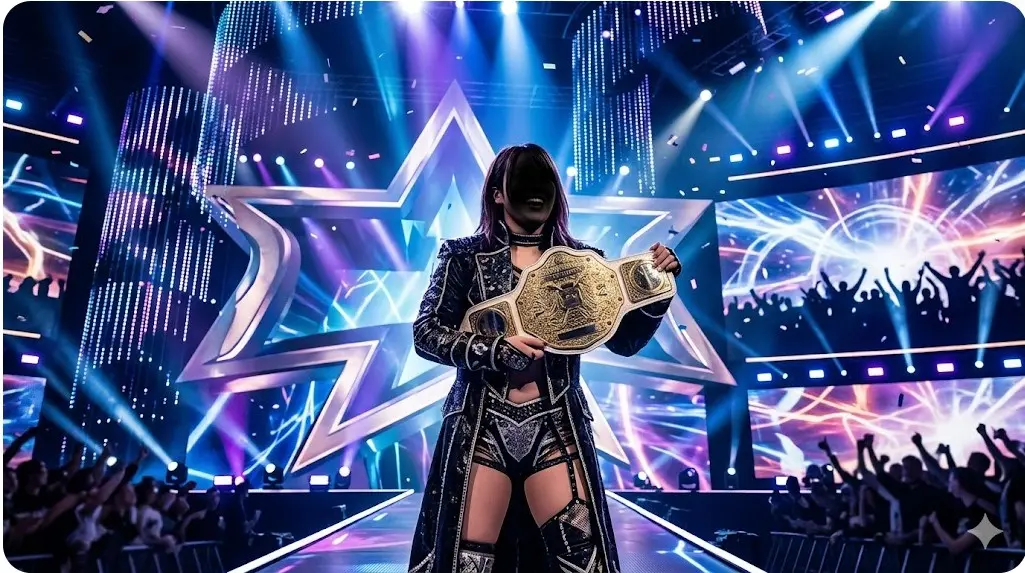 WWEの華やかなステージで女子世界王座のベルトを掲げるイヨ・スカイ選手のイラスト