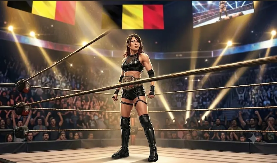 満員のWWEアリーナのリングでトップロープに囲まれながら自信に満ちた表情で真っ直ぐ立ち並ぶ日本人女性プロレスラーのイヨ・スカイ選手