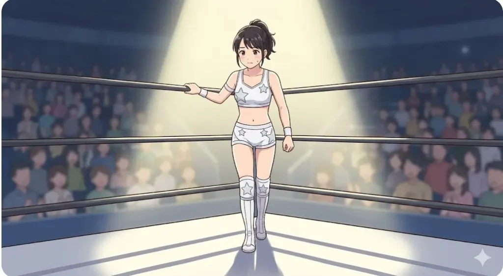 スターダム2期生としてデビューした当時の、星柄が入った白いリング衣装を着た鹿島沙希のイラスト