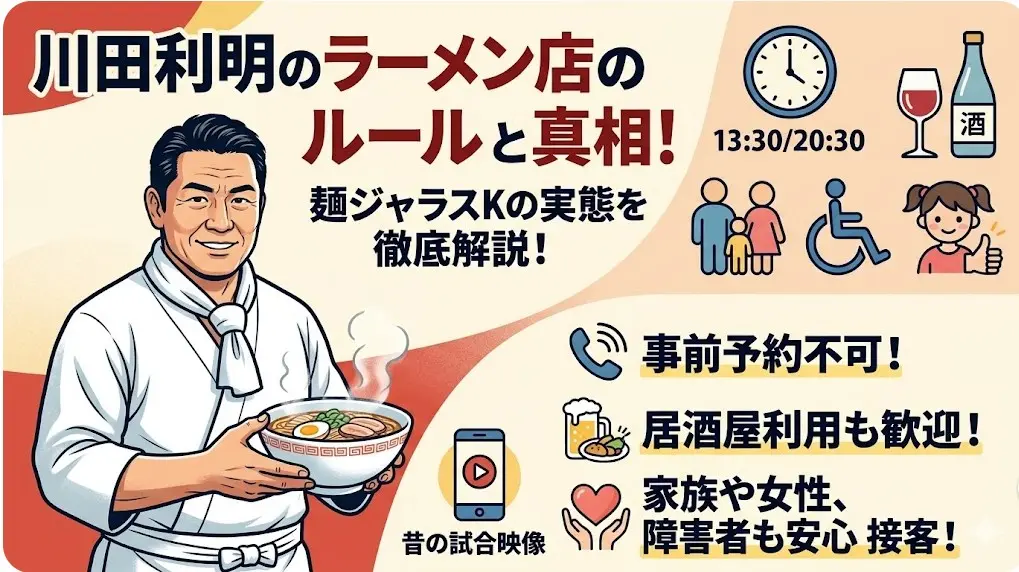 元プロレスラーの店主が営むラーメン店「麺ジャラスK」のルールと真相を解説するアイキャッチ画像。営業時間、予約不可、居酒屋利用歓迎、女性・子供・障害者も安心な接客の実態をグラフィックで表現。