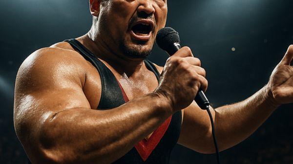 AEWのアリーナでマイクを握り激しくアピールするプロレスラー