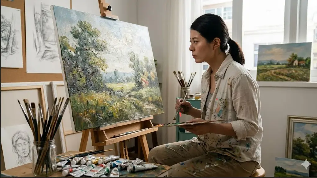油絵の具が置かれたアトリエのキャンバスに筆を走らせる、真剣な表情をした元美術学生の玖麗さやか選手
