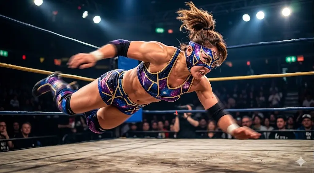四角いプロレスリング上で鋭い踏み込みから低空のときめきスピアーを放つ、コスチューム姿の玖麗さやか選手