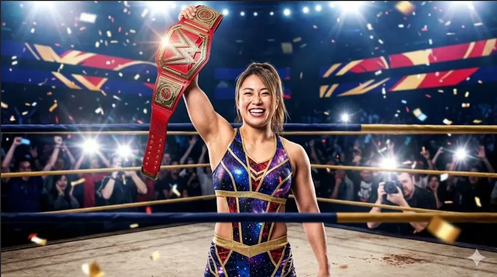 横浜アリーナの満員の観衆とまばゆいフラッシュの中で、獲得したワールド・オブ・スターダム王座の赤いベルトを高く掲げて満面の笑みを浮かべる玖麗さやか選手