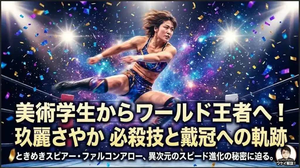 美術学生からワールド王者へ！玖麗さやか選手が必殺技ときめきスピアーを放ち戴冠するアイキャッチ画像。
