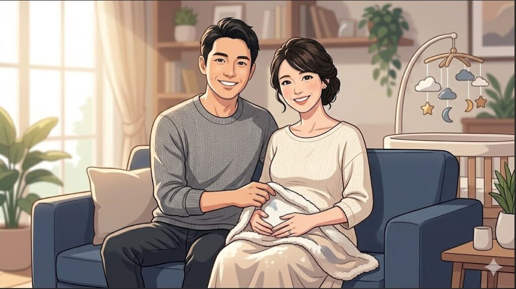 日差しが差し込む明るいリビングのソファに並んで座り、妊娠中のお腹に優しく手を添えて微笑む日本人夫婦。