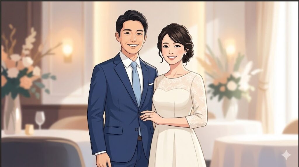 結婚式場の華やかな背景の前で、白いウェディングドレスを着た日本人女性とタキシード姿の男性が並んで笑顔を見せる様子。