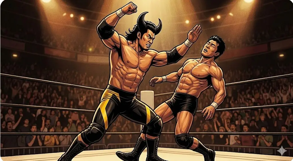 ツノのような髪型のプロレスラーが相手に強力なチョップを打ち下ろしている瞬間