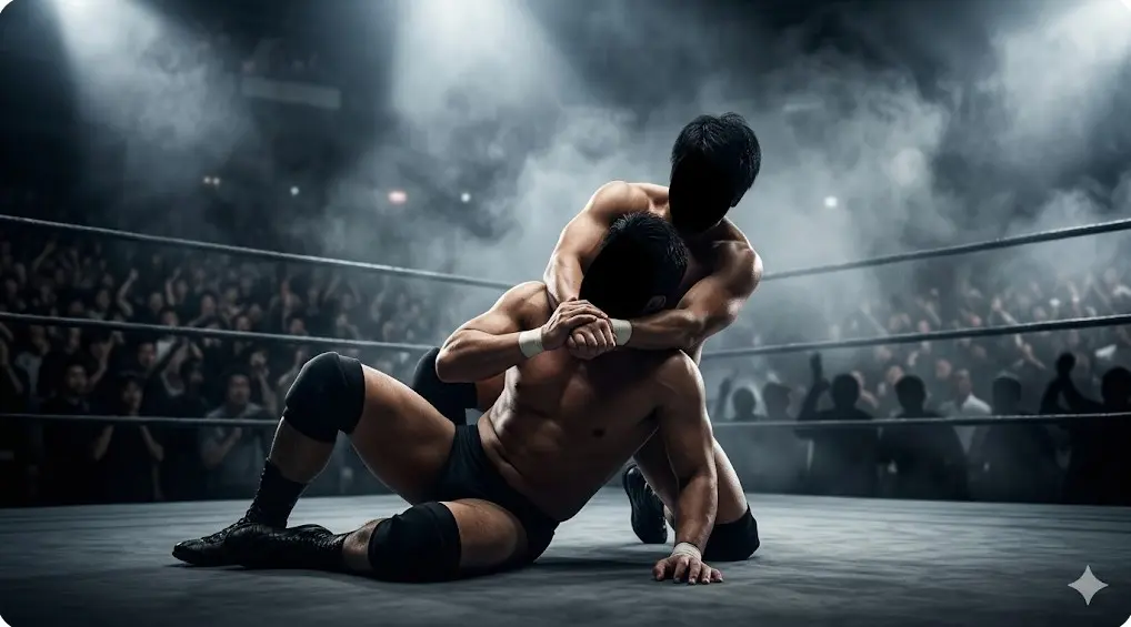 プロレスの試合で寝技によるレフェリーストップを受け王座を失うナラク(EVIL)選手のイラスト