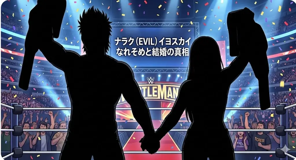 リング上で手をつなぎベルトを掲げるナラク選手とイヨ・スカイ選手のイラスト。結婚と経歴を表現。