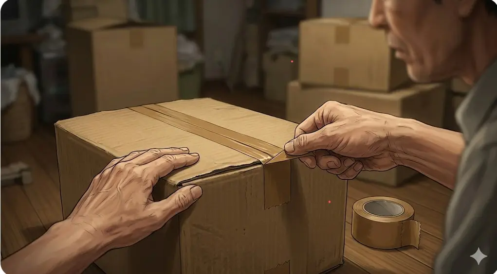 大量の現金が入ったダンボール箱に、ガムテープを貼って封印する独自の資産管理方法。