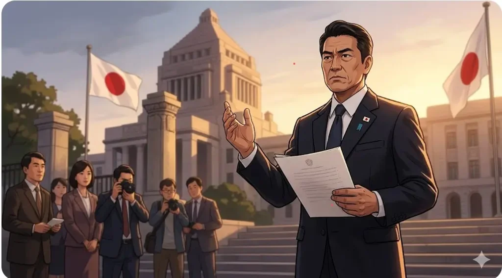 参議院議員時代の大仁田厚が国会議事堂を背景に演説する様子をイメージしたイラスト。