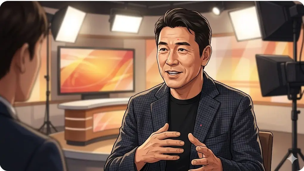 テレビ番組のスタジオで、ゲストとして自身の独自の貯金方法について熱弁する様子。
