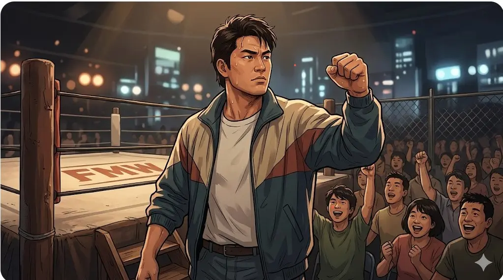 若き日の大仁田厚が全日本プロレスでデビュー戦に挑む様子をイメージしたイラスト。
