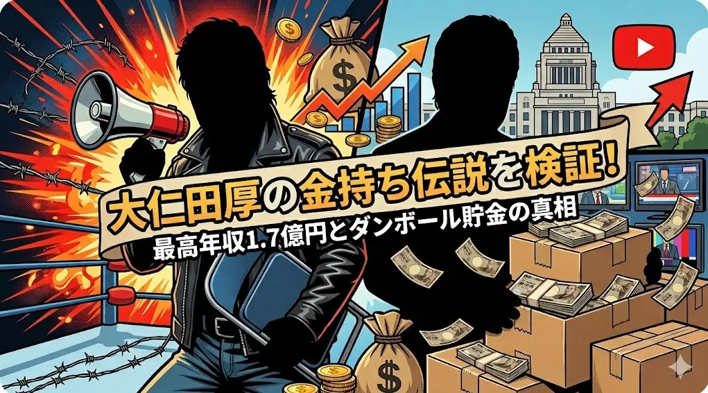 有刺鉄線デスマッチと国会議事堂、大量の現金が入ったダンボールを背景に、大仁田厚の金持ち伝説と収入を徹底検証するイラスト。