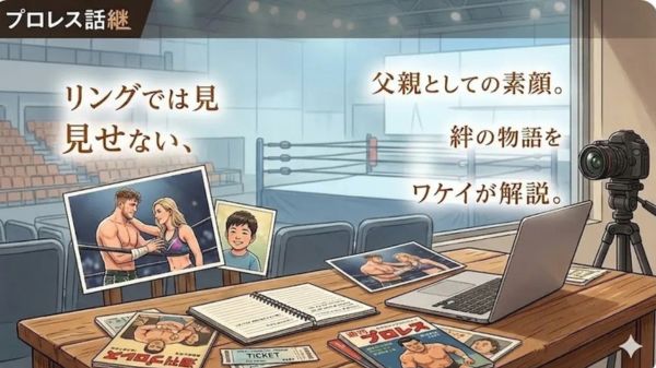 デスクでオスプレイと妻、子供の資料を執筆する日本人プロレス専門家。父親としての決断と家族の絆を解説。 SEOキーワード：ウィル・オスプレイ, 妻, 絆