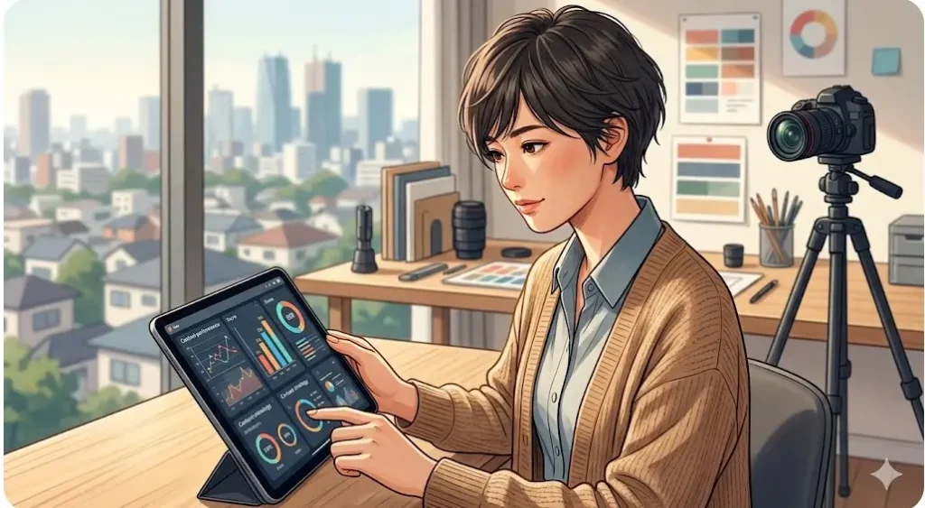 デスクでタブレットとカメラを前に考える女性。背景に都会。家族の決断をイメージ。