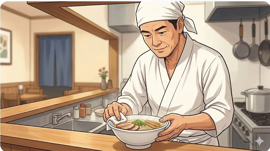 厨房で穏やかな表情を浮かべながら丁寧にラーメンを仕上げる店主の川田利明さん