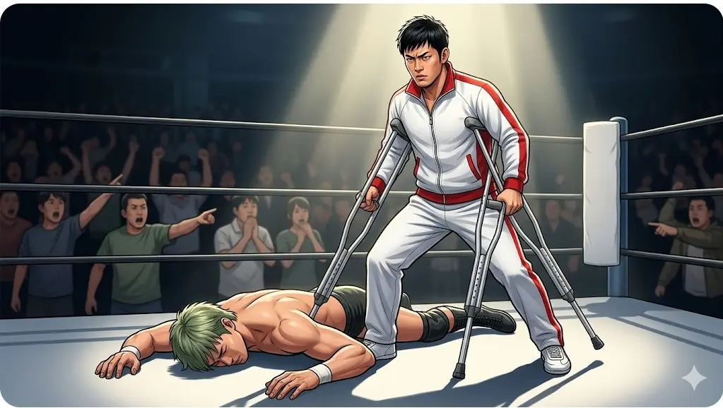 松葉杖を手に師匠を裏切り、悪役に転向した瞬間を表現したイラスト