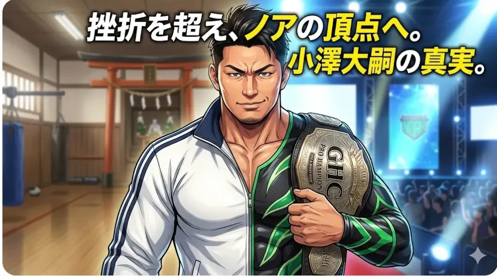 NJPWの道場とNOAHのアリーナを背景に、GHCベルトを抱えるOZAWA（小澤大嗣）。新日本プロレス練習生時代からの歩みを表現。