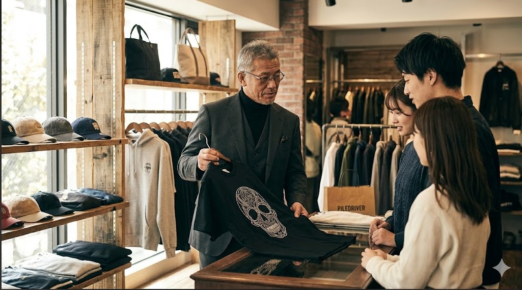 洗練されたアパレルショップの店頭で、グレーのスーツを着たベテランレスラーの社長が若者たちにオリジナルTシャツを説明している様子
