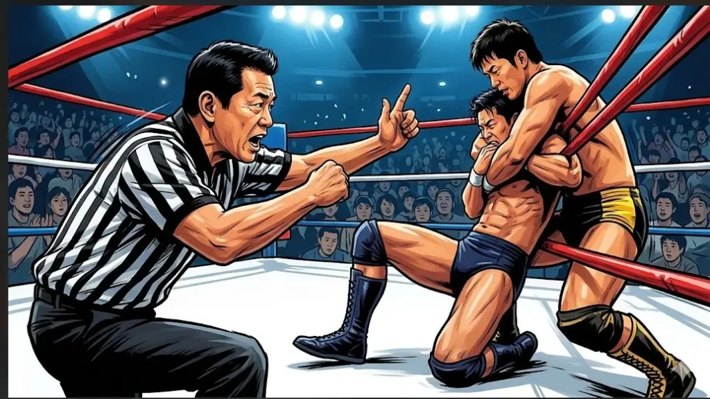 プロレスのロープ際で関節技にかけられている選手と、技を解くよう命令するレフェリー