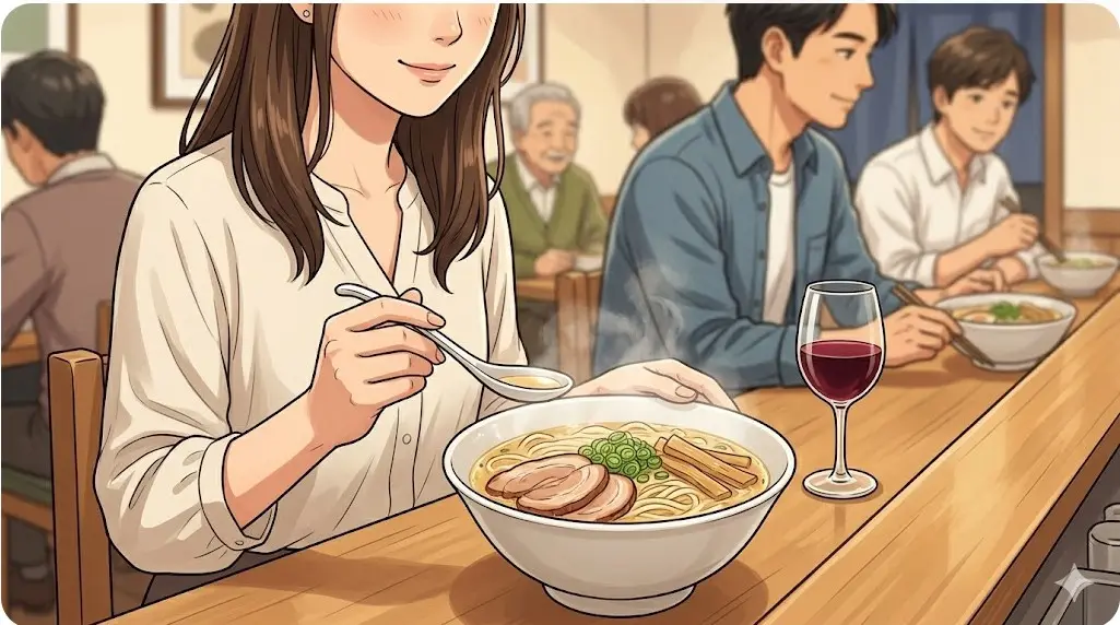 麺ジャラスKのカウンター席で本格的なラーメンとグラスワインを楽しむ女性客