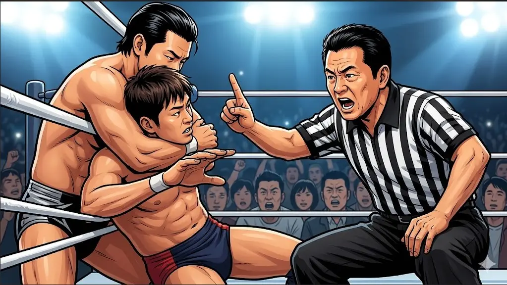 プロレスのリングで反則行為を見落としたフリをするレフェリーと、それを利用する悪役レスラー