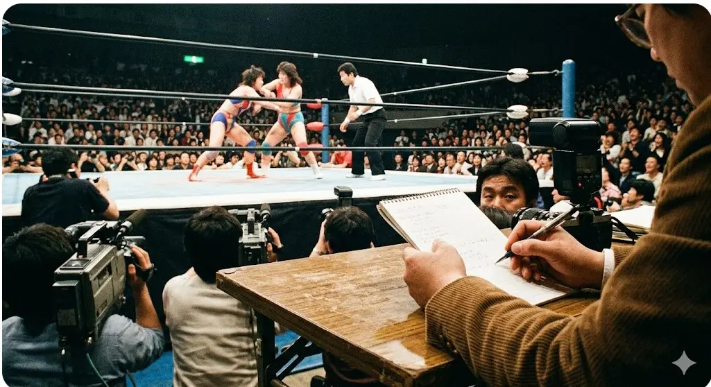 1980年代の全日本女子プロレスの試合会場と熱狂する観客、取材するカメラマンの様子