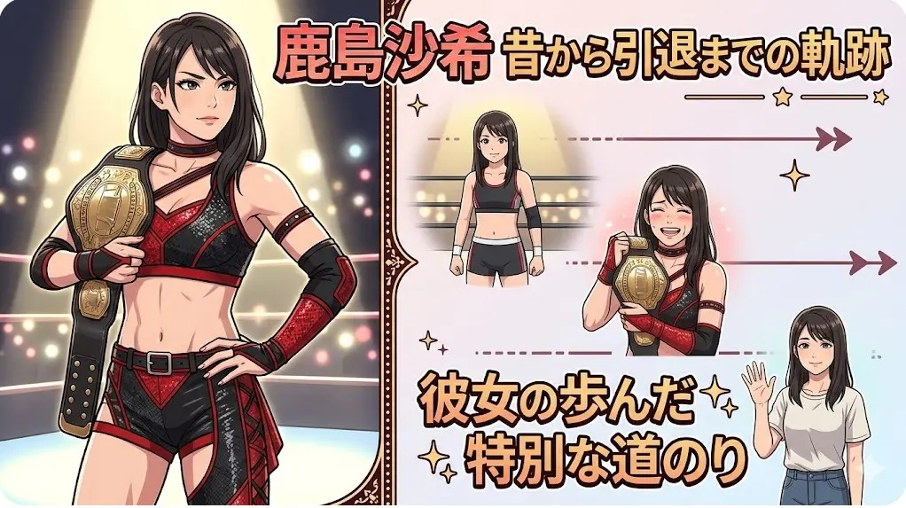 鹿島沙希のプロレス人生をデビュー、王座獲得、引退のタイムラインで表現したイラスト。アイキャッチとして彼女の特別な歩みを伝える。