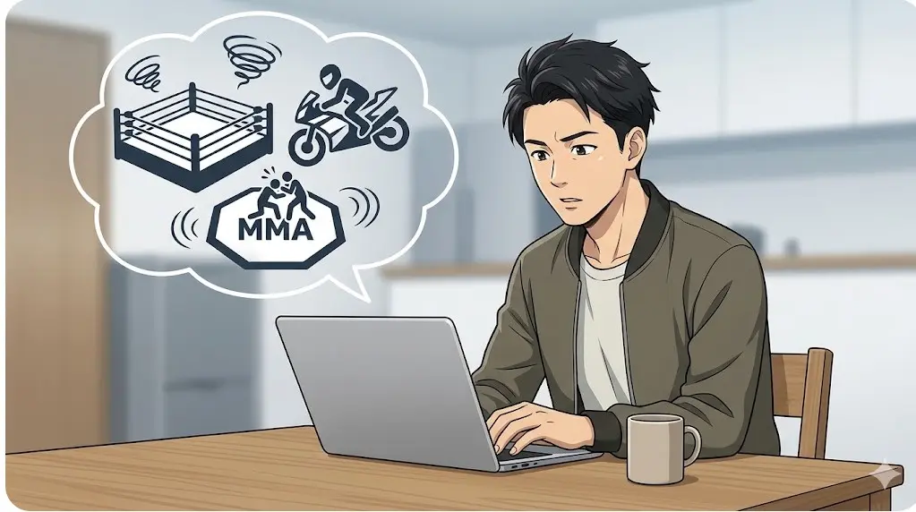 パソコンの前で考え込む日本人男性。頭上の吹き出しにプロレス、バイク、格闘技が混ざり、検索の混乱を表す。
