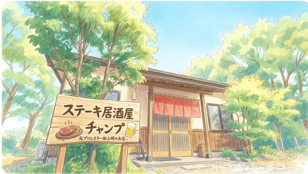 茨城県つくば市にある元プロレスラー田上明さんの店「ステーキ居酒屋チャンプ」の店舗外観イラスト