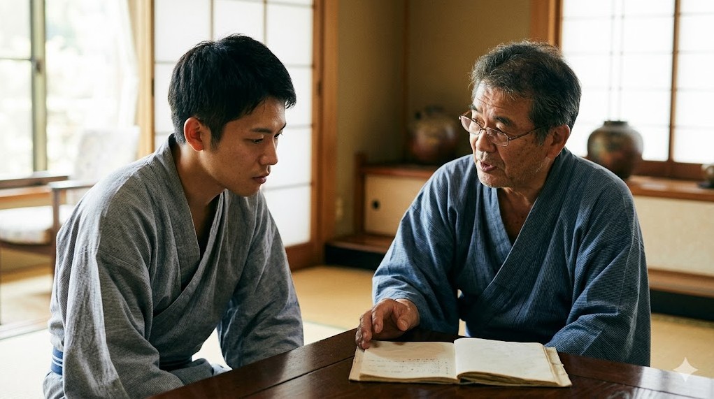 伝統的な和室の座卓で、眼鏡をかけた年配の男性がノートを開きながら、若い男性レスラーに向かって真剣に語りかけている様子