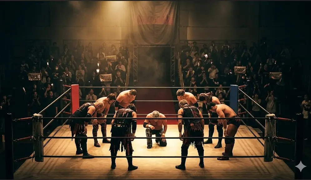超満員のプロレス会場で、スポットライトを浴びるリング中央のボスを囲み、黒いコスチュームを着た日本人レスラーたちが深く一礼する鈴木軍解散の象徴的なシーン